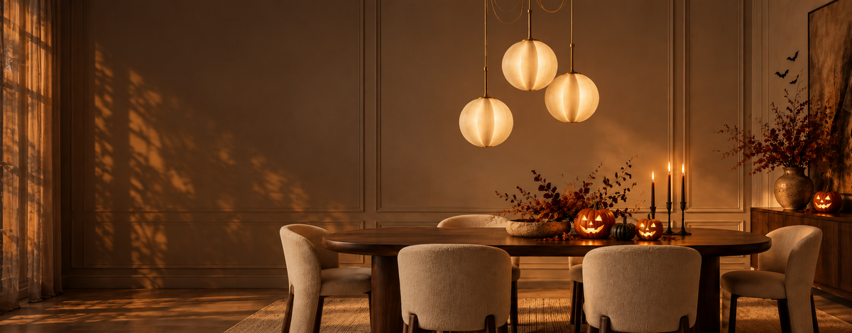 Agnes chandelier in a warm dining room with autumn accents