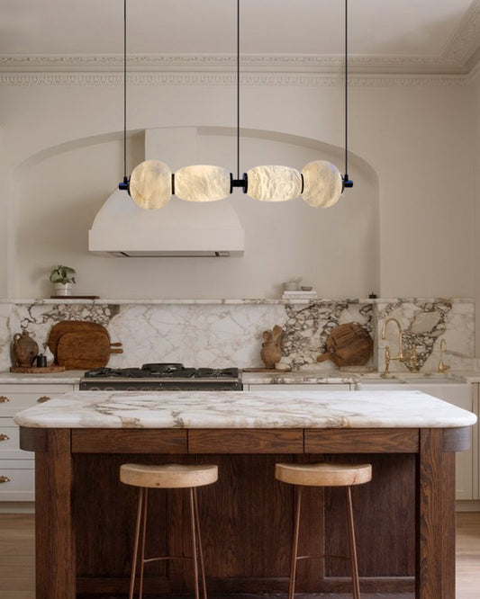 Modern Linear White Alabaster Solid Ball Thread Synthetic Shade Hanging Light for Dining