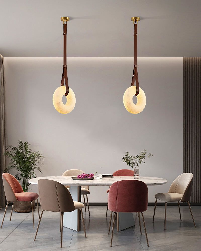 Round LED White Marble Pendant lamp with adjustable leather, Dia 12/16"