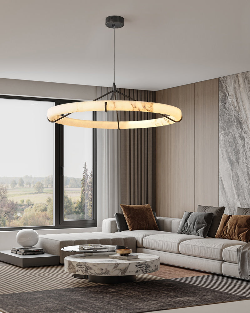 Black Metal Modern Round Ring Alabaster Pendant Light, Width 3.15"