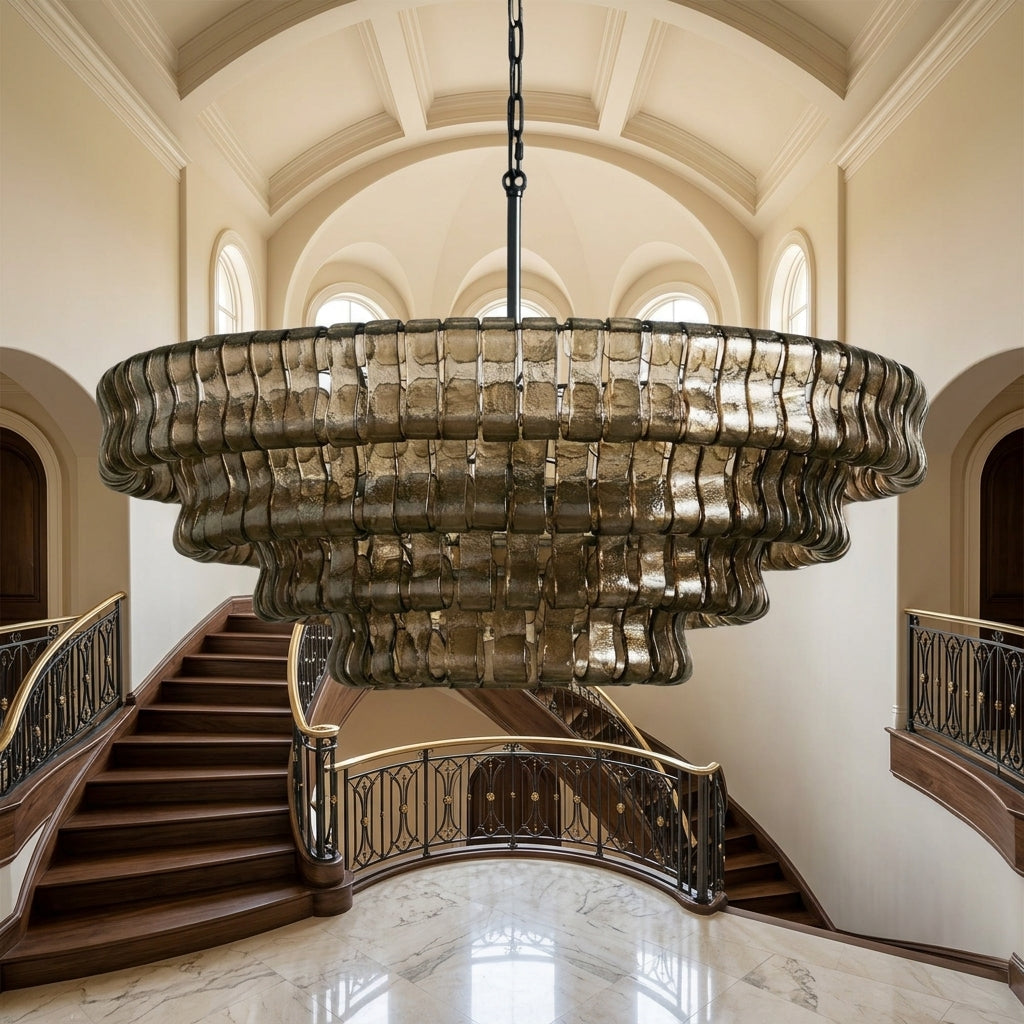 Lamer Lighting Lumina Round Chandelier 24"36"48"60" - dramatic American stairwell with soaring ceiling