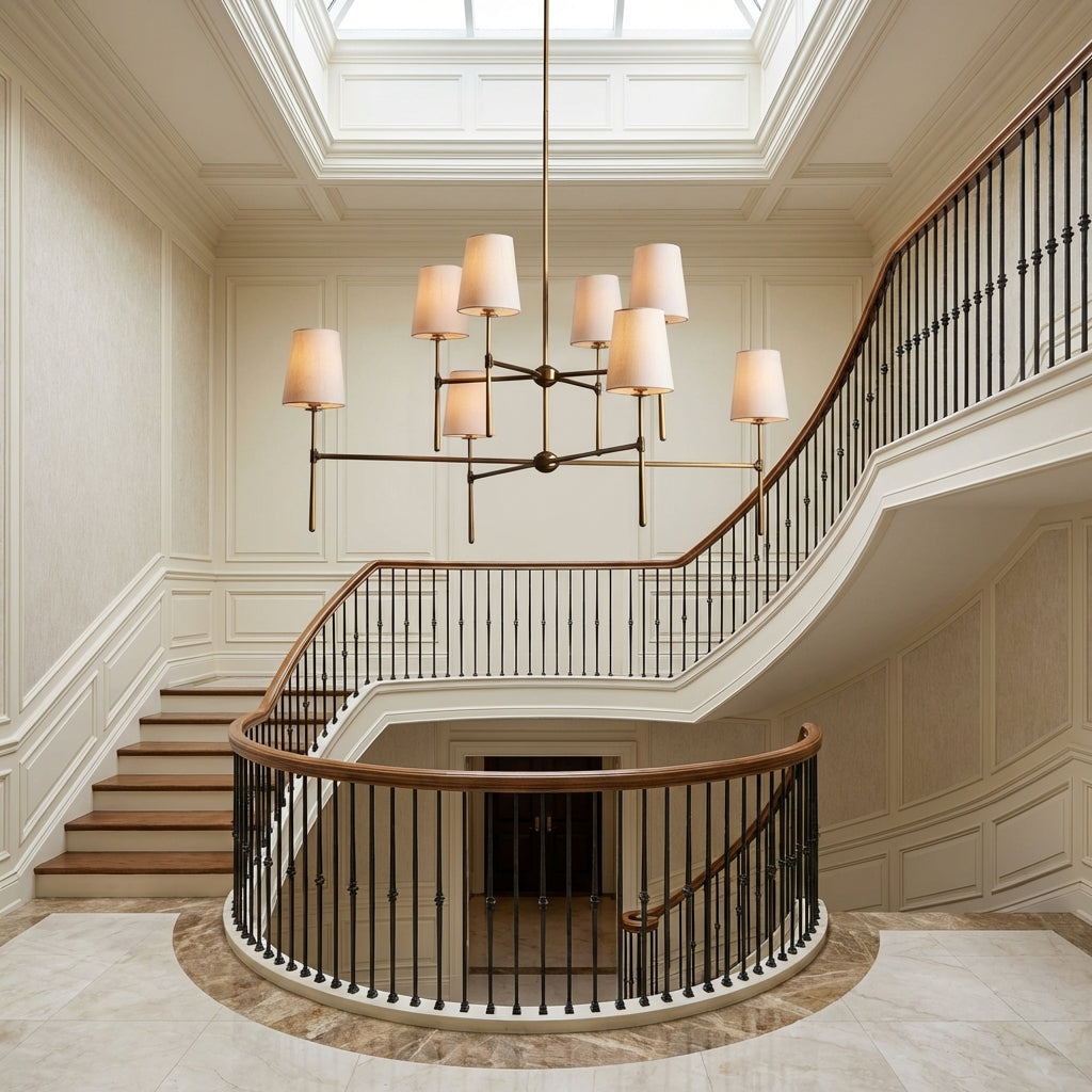 Lamer Lighting Veridian 2-Tier Round Chandelier 48" Diameter - dramatic American stairwell with soaring ceiling