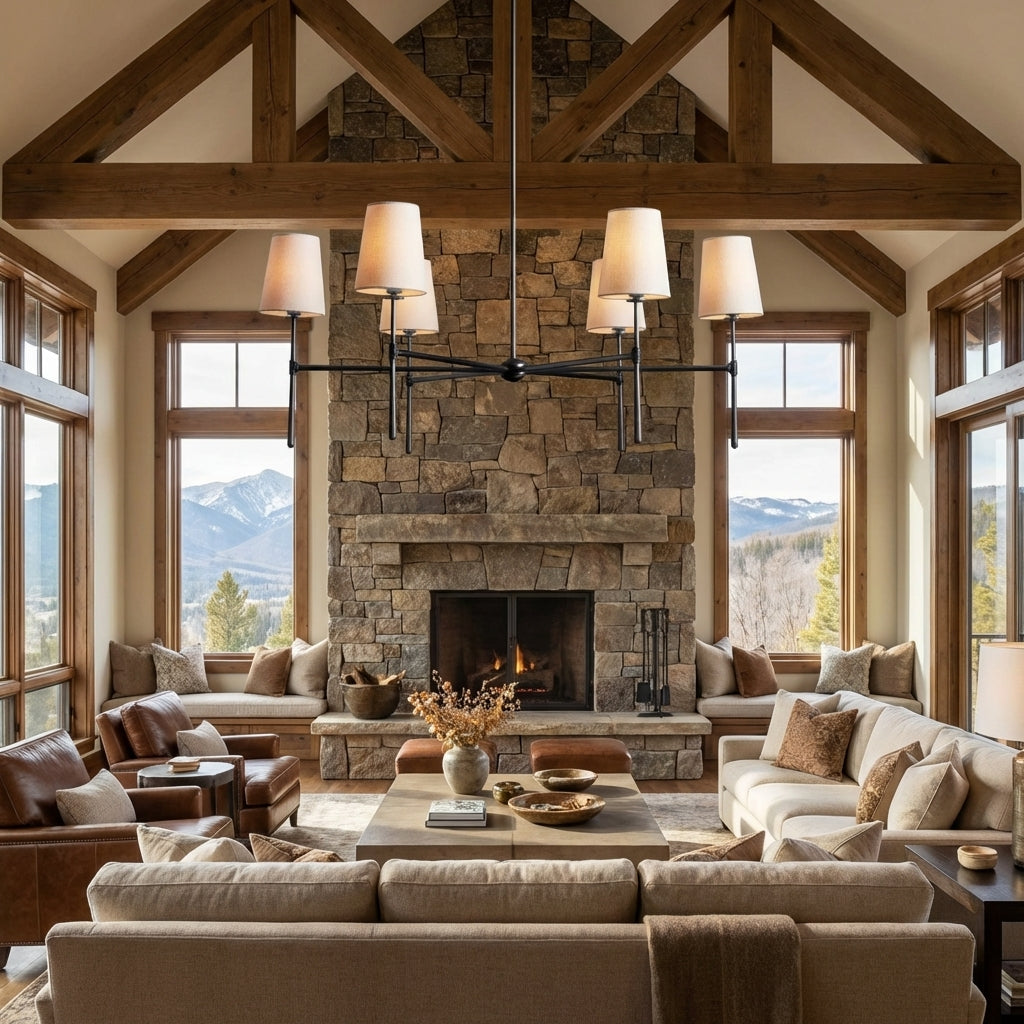 Lamer Lighting Aura Round Chandelier 4/6 Light - American transitional great room with cathedral ceiling