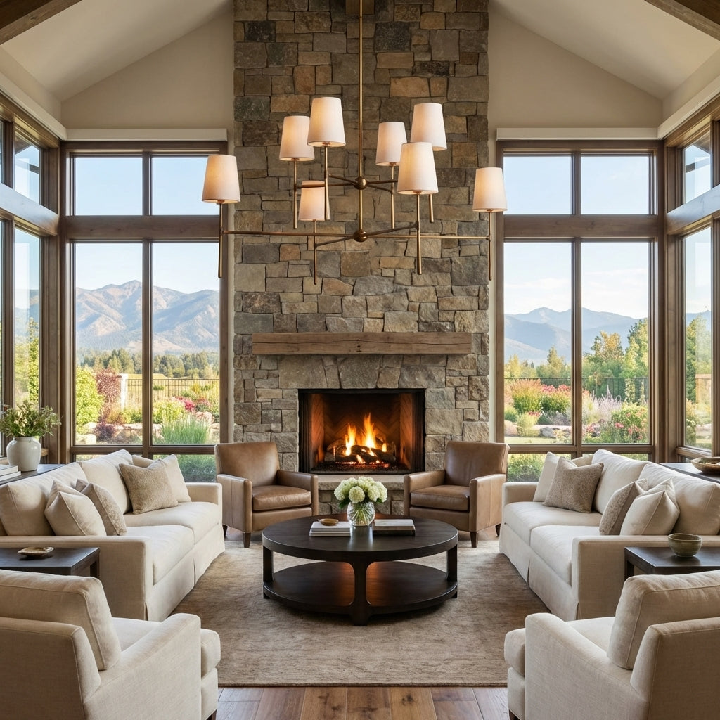 Lamer Lighting Veridian 2-Tier Round Chandelier 48" Diameter - American transitional great room with cathedral ceiling