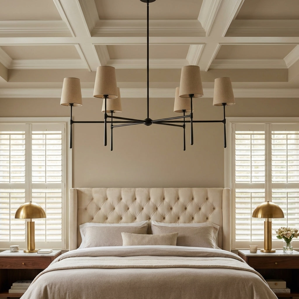 Lamer Lighting Aura Round Chandelier 4/6 Light - American master bedroom with coffered ceiling