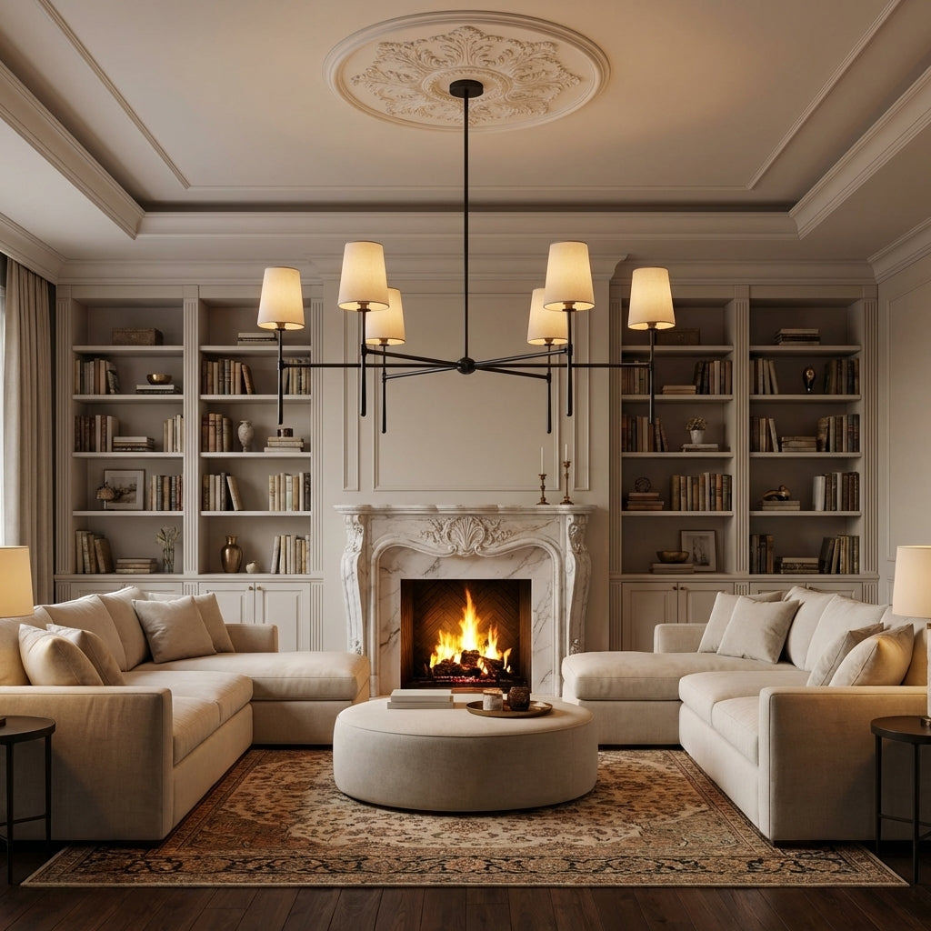 Lamer Lighting Aura Round Chandelier 4/6 Light - luxurious American living room with tray ceiling
