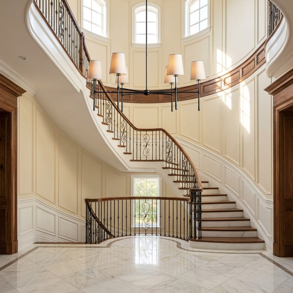 Lamer Lighting Aura Round Chandelier 4/6 Light - dramatic American stairwell with soaring ceiling