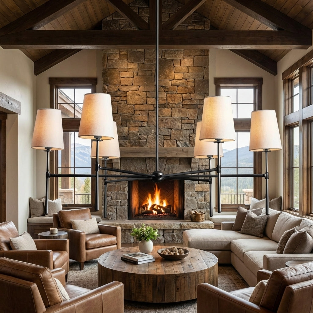 Lamer Lighting Aura Round Chandelier 4/6 Light - American transitional great room with cathedral ceiling