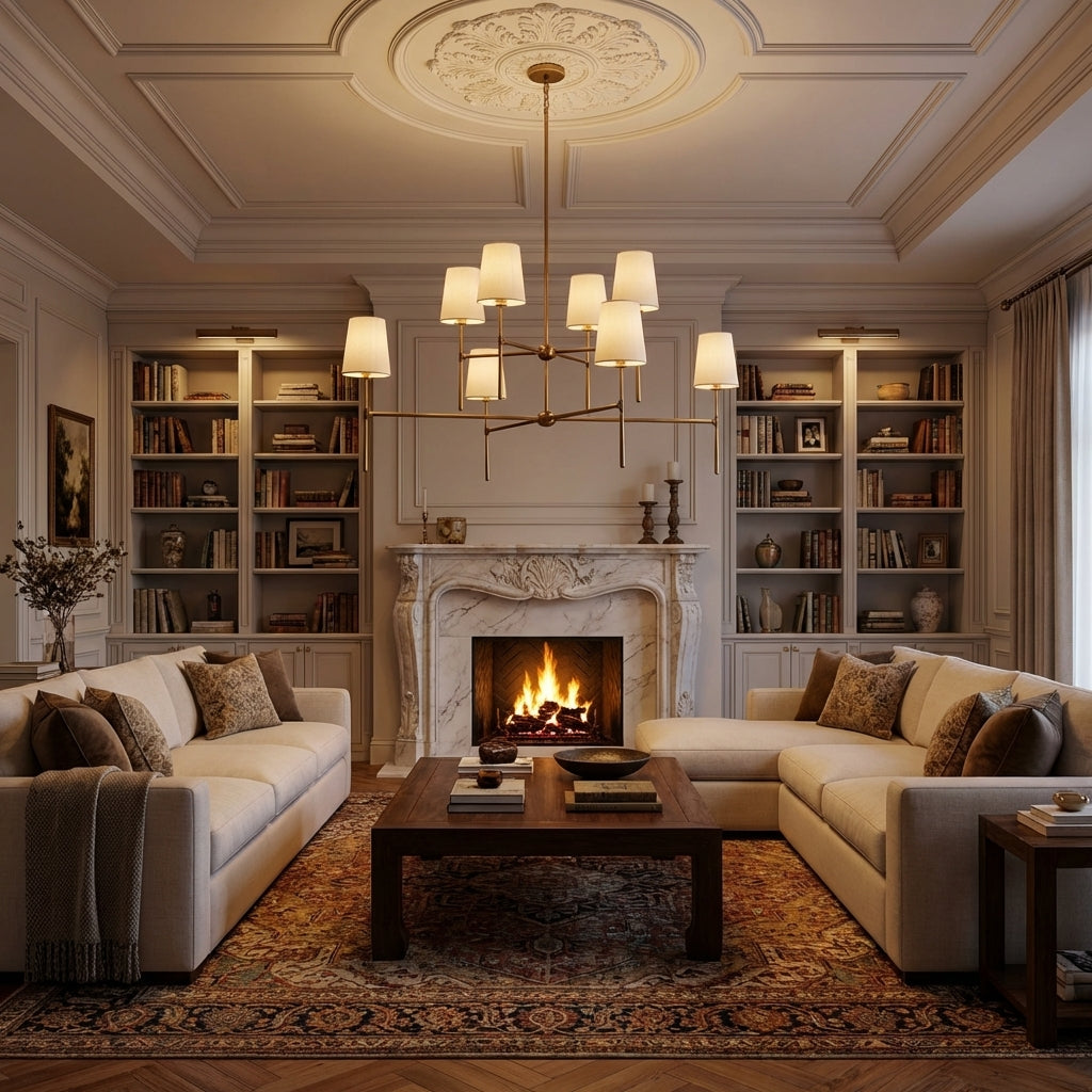 Lamer Lighting Veridian 2-Tier Round Chandelier 48" Diameter - luxurious American living room with tray ceiling