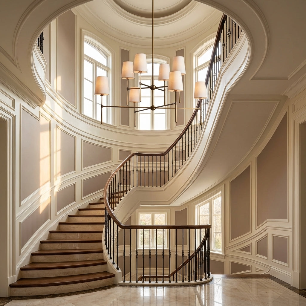 Lamer Lighting Veridian 2-Tier Round Chandelier 48" Diameter - dramatic American stairwell with soaring ceiling