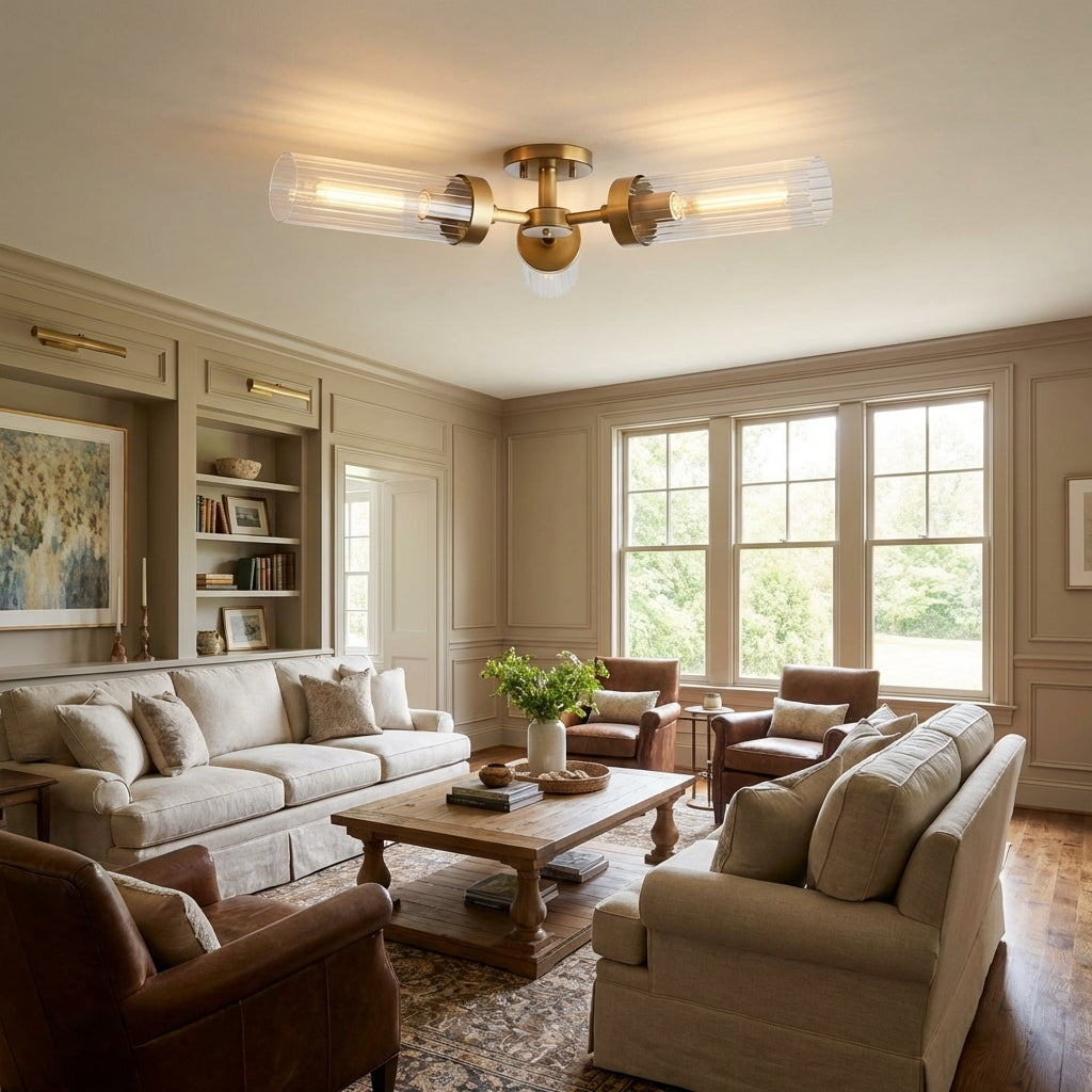 Lamer Lighting Aura 3-Light Flushmount 31.5" Width x 31.5" Depth x 5.5" Height x 31.5" Diameter - spacious American living room with high ceilings