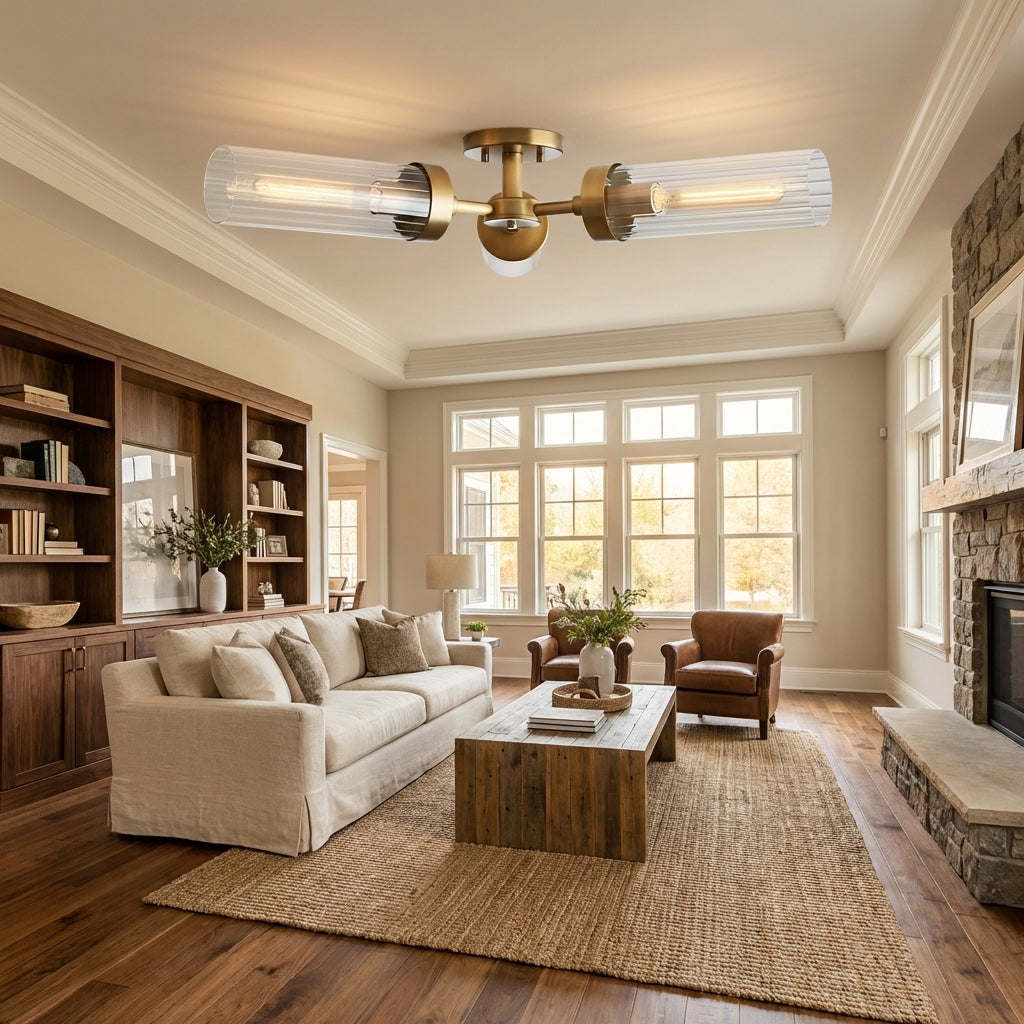 Lamer Lighting Aura 3-Light Flushmount 31.5" Width x 31.5" Depth x 5.5" Height x 31.5" Diameter - spacious American living room with high ceilings