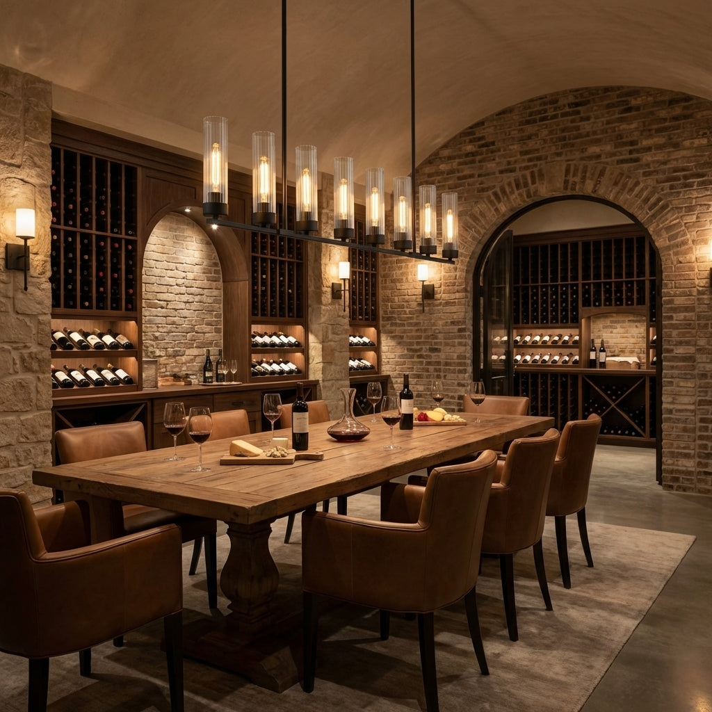Lamer Lighting Aethel Linear Chandelier 5/7/8 Light - elegant American wine cellar dining room