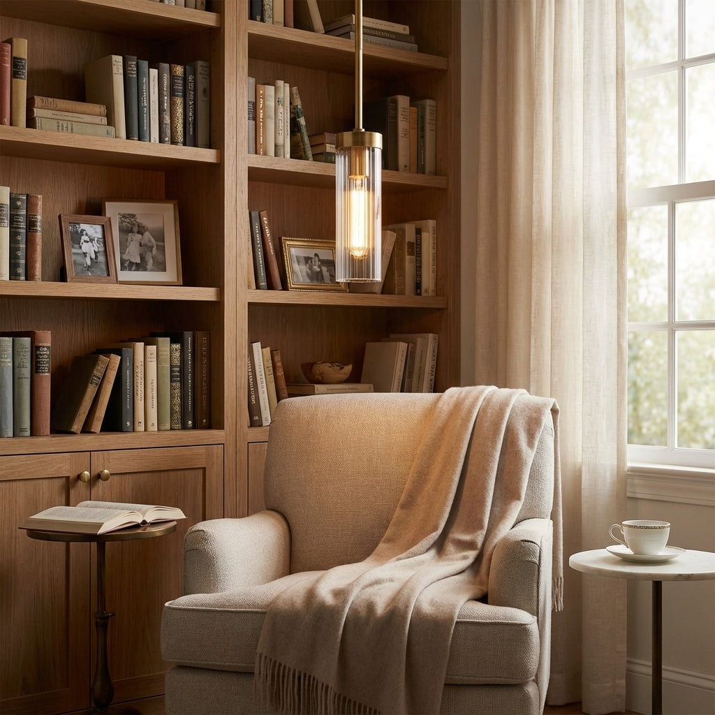 Lamer Lighting Veridian Fluted Glass 1-Light Pendant - cozy American reading nook by a window