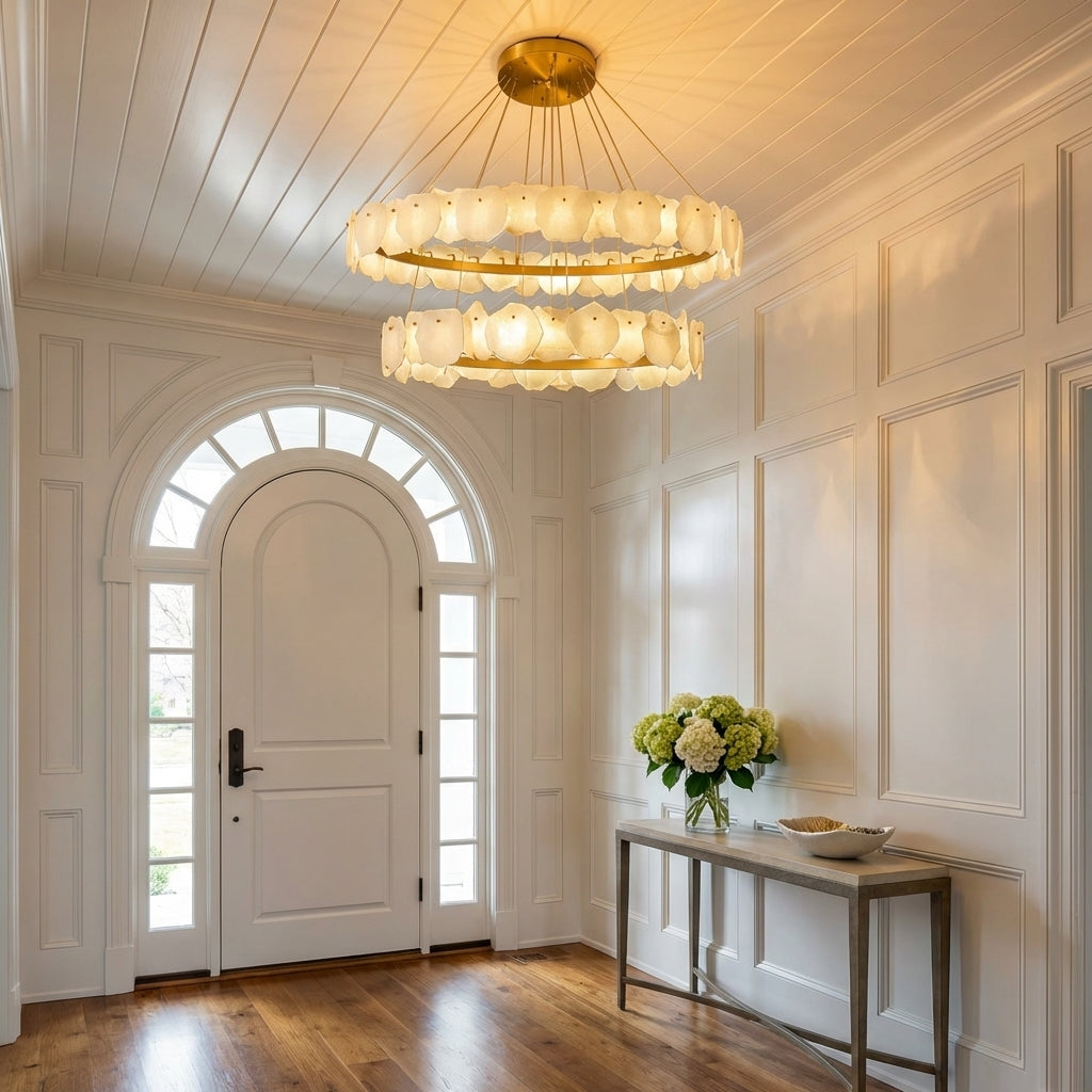 Lamer Lighting Aura Alabaster Multi-Tiered Round Chandelier D60+D80CM D80+D100CM D60+D80+D100CM 160cm+135cm - elegant American entryway with arched doorway