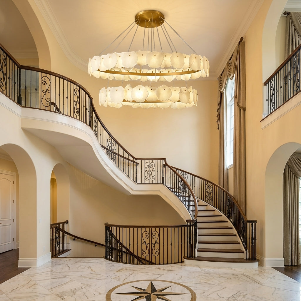 Lamer Lighting Aura Alabaster Multi-Tiered Round Chandelier D60+D80CM D80+D100CM D60+D80+D100CM 160cm+135cm - grand American foyer with two-story ceiling