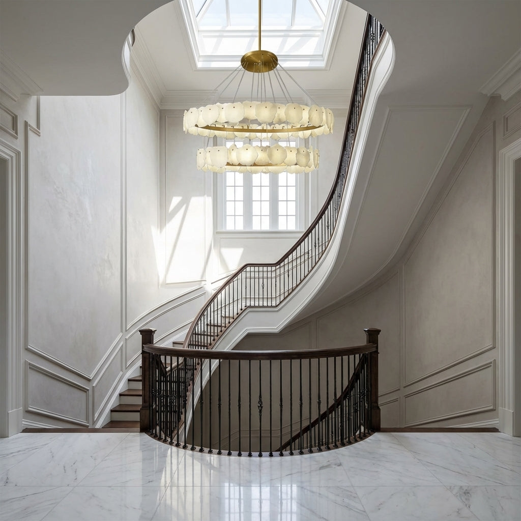 Lamer Lighting Aura Alabaster Multi-Tiered Round Chandelier D60+D80CM D80+D100CM D60+D80+D100CM 160cm+135cm - dramatic American stairwell with soaring ceiling