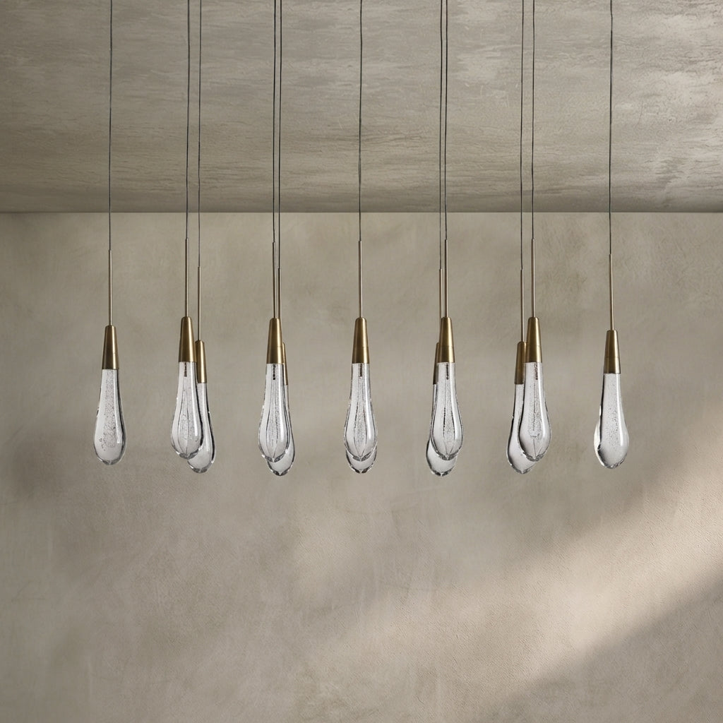 Lamer Lighting Aura Cascade Linear Chandelier - Seeded Glass Raindrop Pendant Lighting 36.75"/50"/60"/70" - Background Shot