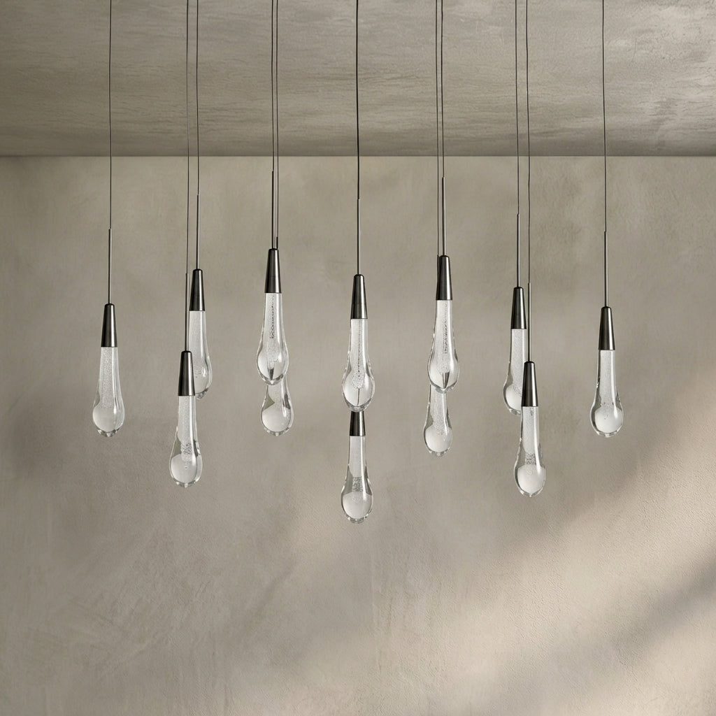 Lamer Lighting Aura Cascade Linear Chandelier - Seeded Glass Raindrop Pendant Lighting 36.75"/50"/60"/70" - Background Shot