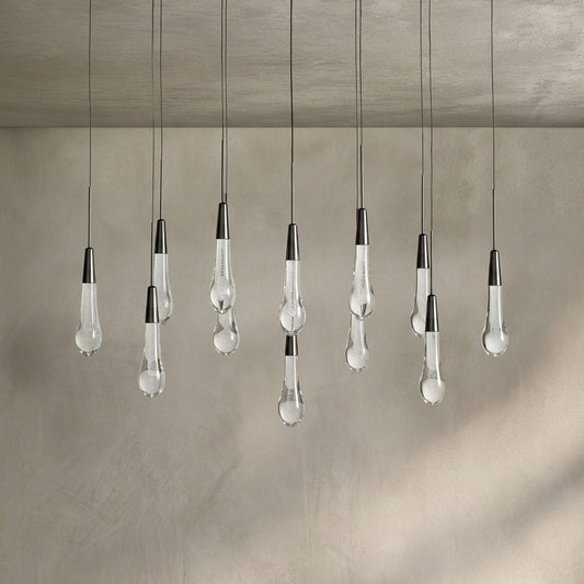 Lamer Lighting Aura Cascade Linear Chandelier - Seeded Glass Raindrop Pendant Lighting 36.75"/50"/60"/70" - Background Shot