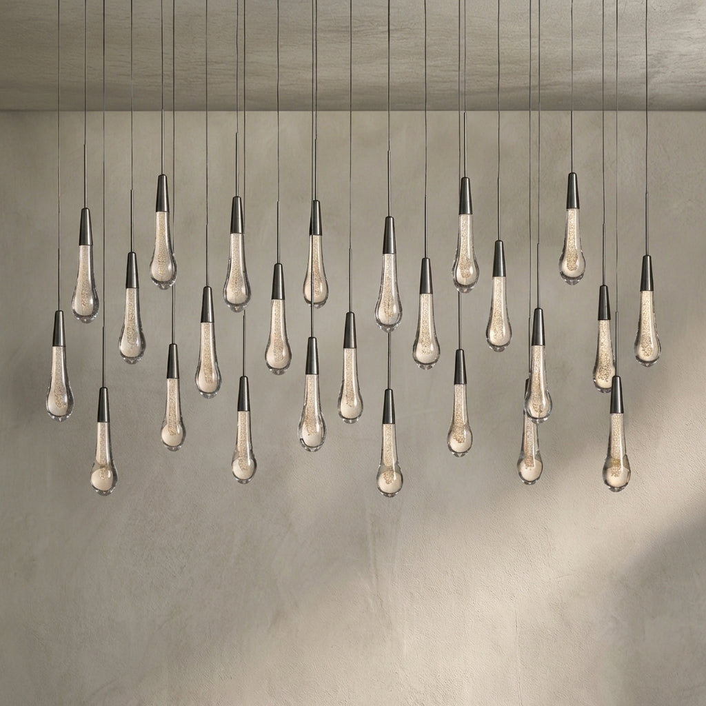 Lamer Lighting Aura Cascade Linear Chandelier - Seeded Glass Raindrop Pendant Lighting 36.75"/50"/60"/70" - Background Shot