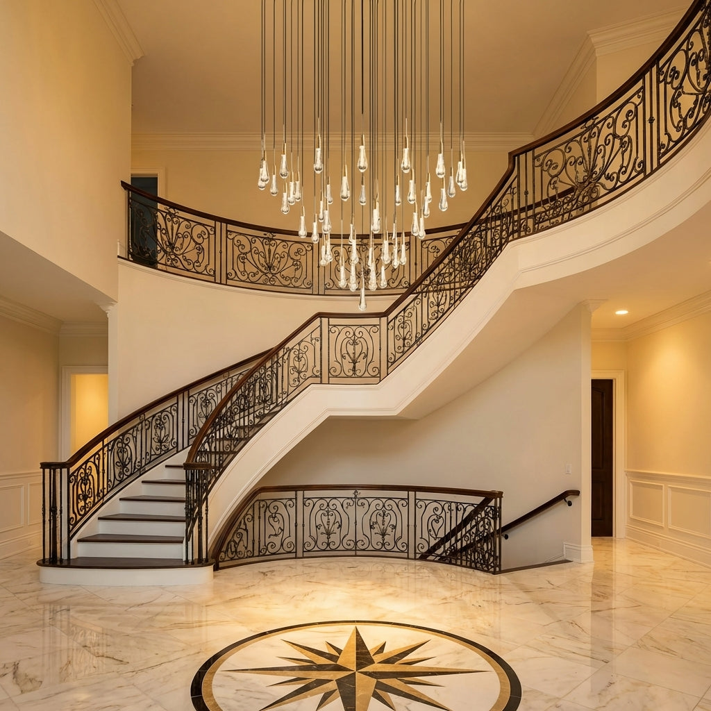 Lamer Lighting Aura Cascade Round Chandelier 17" 24" 36" 58" | Modern Raindrop Pendant Light - grand American foyer with two-story ceiling