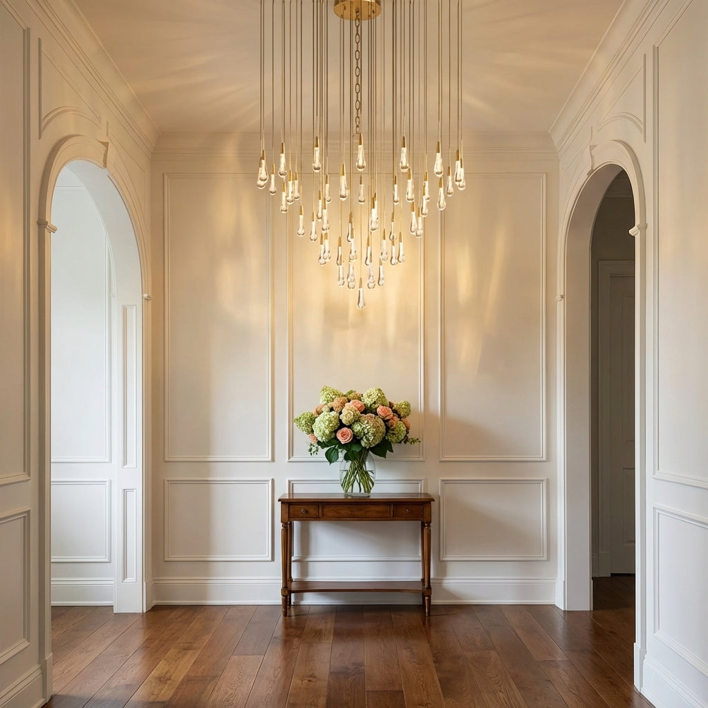 Lamer Lighting Aura Cascade Round Chandelier 17" 24" 36" 58" | Modern Raindrop Pendant Light - elegant American entryway with arched doorway