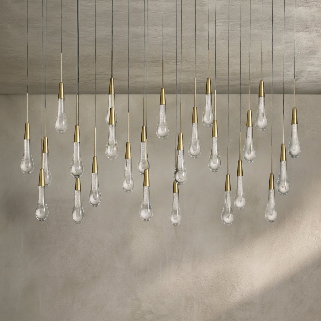 Lamer Lighting Aura Cascade Linear Chandelier - Seeded Glass Raindrop Pendant Lighting 36.75"/50"/60"/70" - Background Shot