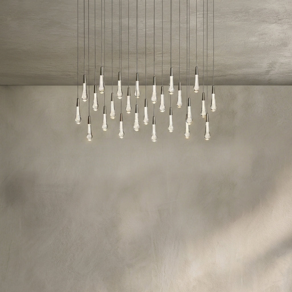 Lamer Lighting Aura Cascade Linear Chandelier - Seeded Glass Raindrop Pendant Lighting 36.75"/50"/60"/70" - Background Shot