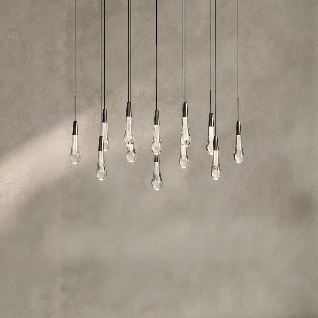 Lamer Lighting Aura Cascade Linear Chandelier - Seeded Glass Raindrop Pendant Lighting 36.75"/50"/60"/70" - Background Shot
