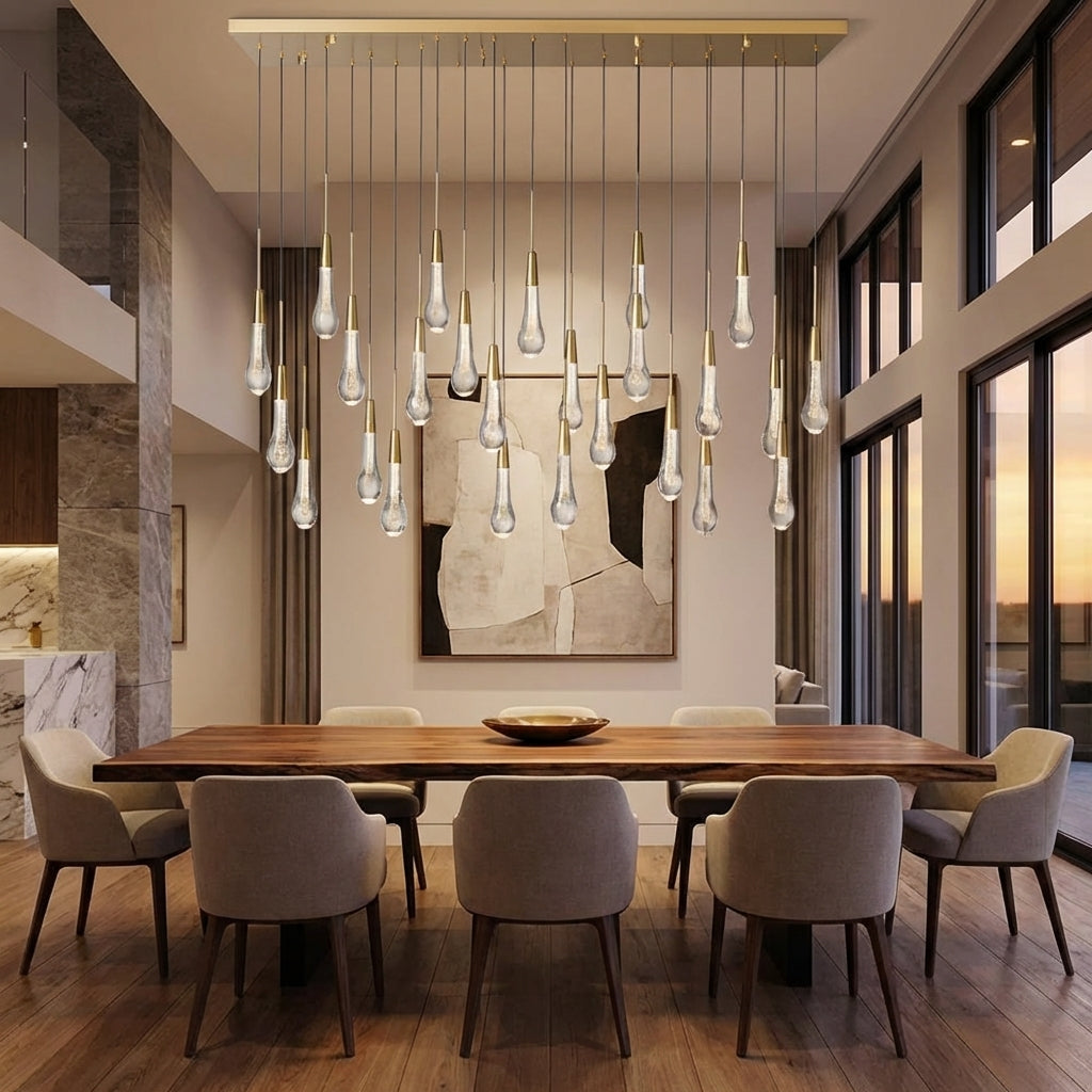 Lamer Lighting Aura Cascade Linear Chandelier - Seeded Glass Raindrop Pendant Lighting 36.75"/50"/60"/70" - American great room dining area