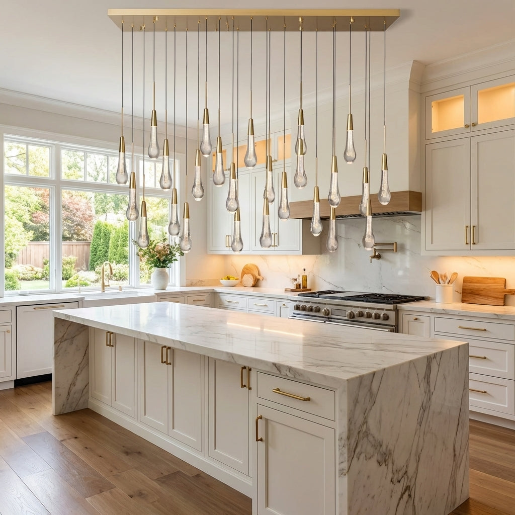 Lamer Lighting Aura Cascade Linear Chandelier - Seeded Glass Raindrop Pendant Lighting 36.75"/50"/60"/70" - upscale American kitchen