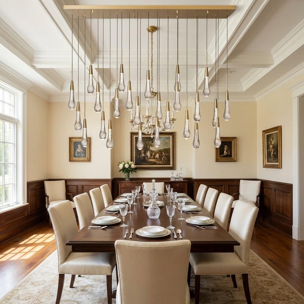 Lamer Lighting Aura Cascade Linear Chandelier - Seeded Glass Raindrop Pendant Lighting 36.75"/50"/60"/70" - formal American dining room