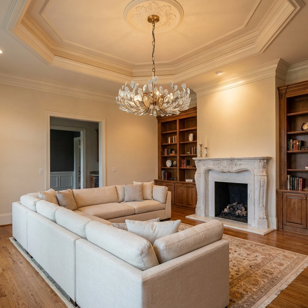 Lamer Lighting Veridian Bloom 6/8 Lights Chandelier 26"32" - luxurious American living room with tray ceiling