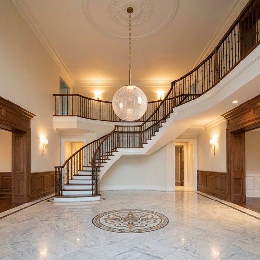 Lamer Lighting Aura Sphere Integrated LED Pendant - grand American foyer with double-height ceiling