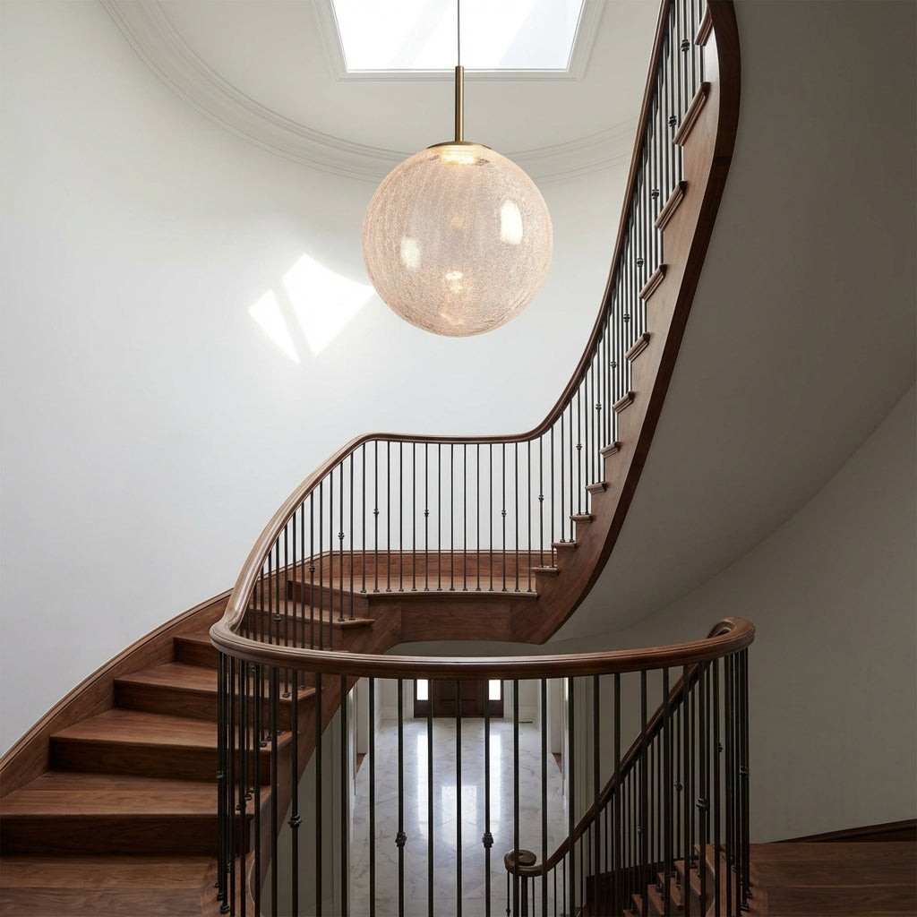 Lamer Lighting Aura Sphere Integrated LED Pendant - dramatic American stairwell with three-story void