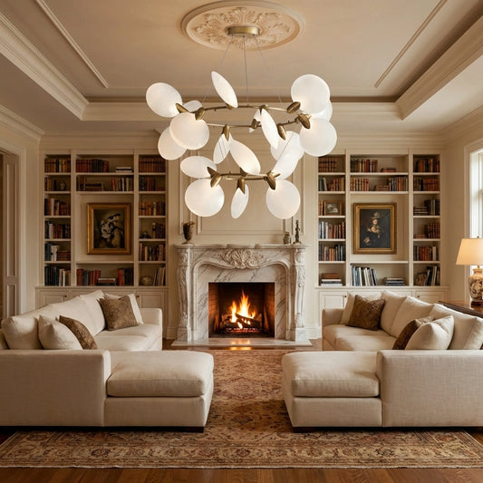 Lamer Lighting Aura Grandeur 2-Tiered Halo Chandelier 47" Width x 47" Depth x 28.75" Height x 47" Diameter - luxurious American living room with tray ceiling