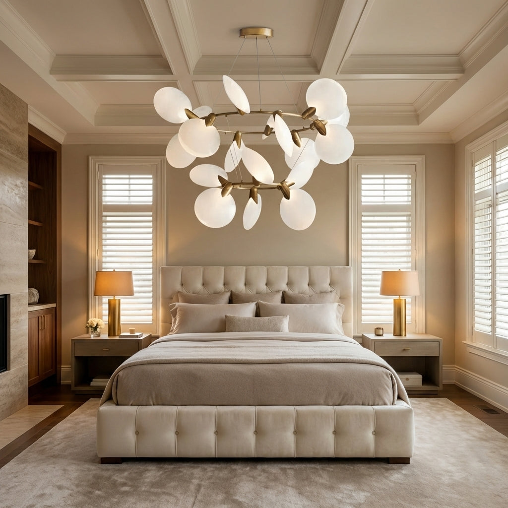 Lamer Lighting Aura Grandeur 2-Tiered Halo Chandelier 47" Width x 47" Depth x 28.75" Height x 47" Diameter - American master bedroom with coffered ceiling