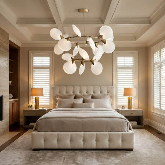Lamer Lighting Aura Grandeur 2-Tiered Halo Chandelier 47" Width x 47" Depth x 28.75" Height x 47" Diameter - American master bedroom with coffered ceiling
