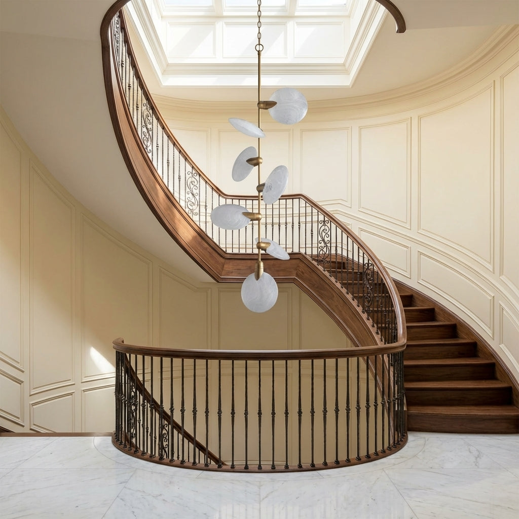 Lamer Lighting Aura Grand Hand-Blown Glass 7-Light Pendant for Staircase Foyer 21.75" Diameter - dramatic American stairwell with three-story void