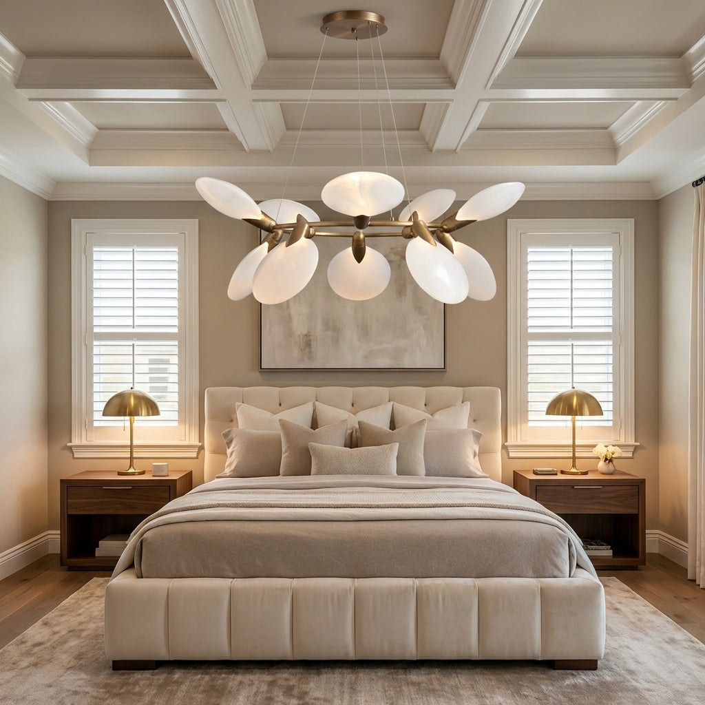 Lamer Lighting Aura Petal 10-Light Chandelier 42.25" Width x 42.25" Depth x 14.5" Height x 42.25" Diameter - American master bedroom with coffered ceiling