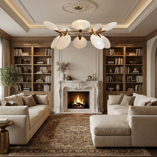 Lamer Lighting Aura Petal 10-Light Chandelier 42.25" Width x 42.25" Depth x 14.5" Height x 42.25" Diameter - luxurious American living room with tray ceiling