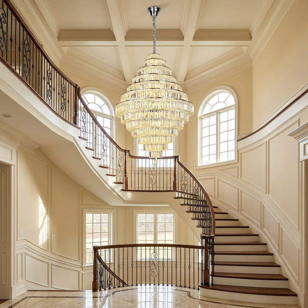 Lamer Lighting Grand Lumina K9 Crystal Round Chandelier - dramatic American stairwell with soaring ceiling