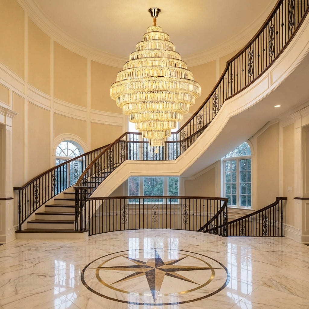 Lamer Lighting Grand Lumina K9 Crystal Round Chandelier - grand American foyer with two-story ceiling