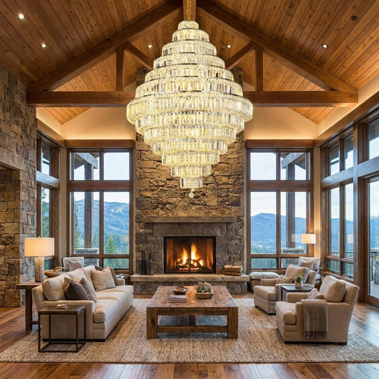 Lamer Lighting Grand Lumina K9 Crystal Round Chandelier - American transitional great room with cathedral ceiling