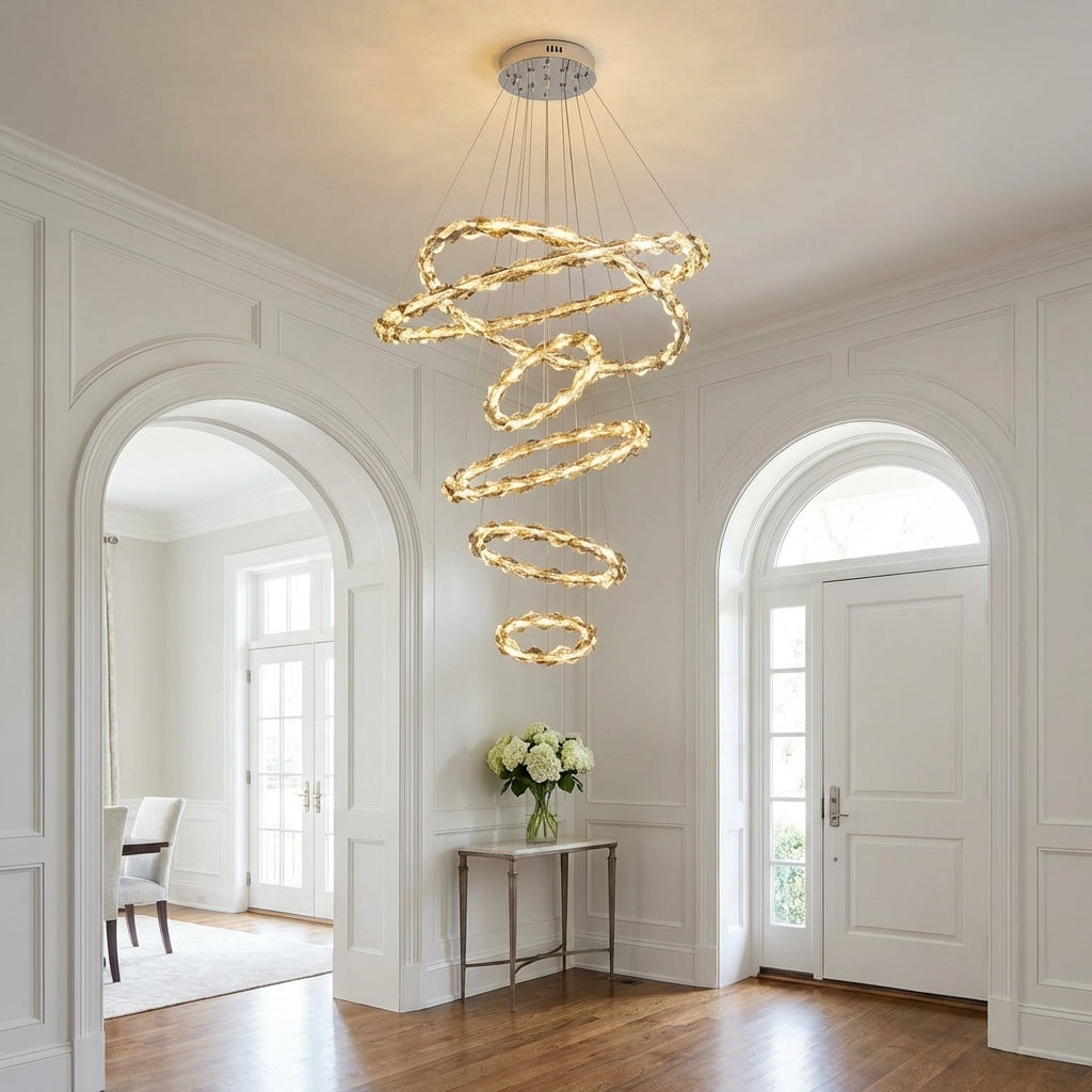 Lamer Lighting Grand Tiered Crystal Ring Chandelier - elegant American entryway with arched doorway