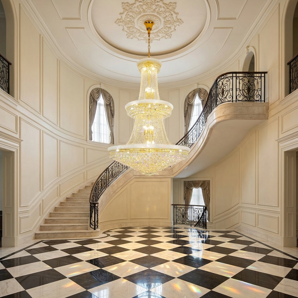 Lamer Lighting Grand Radiance Round Crystal Chandelier - grand American estate foyer
