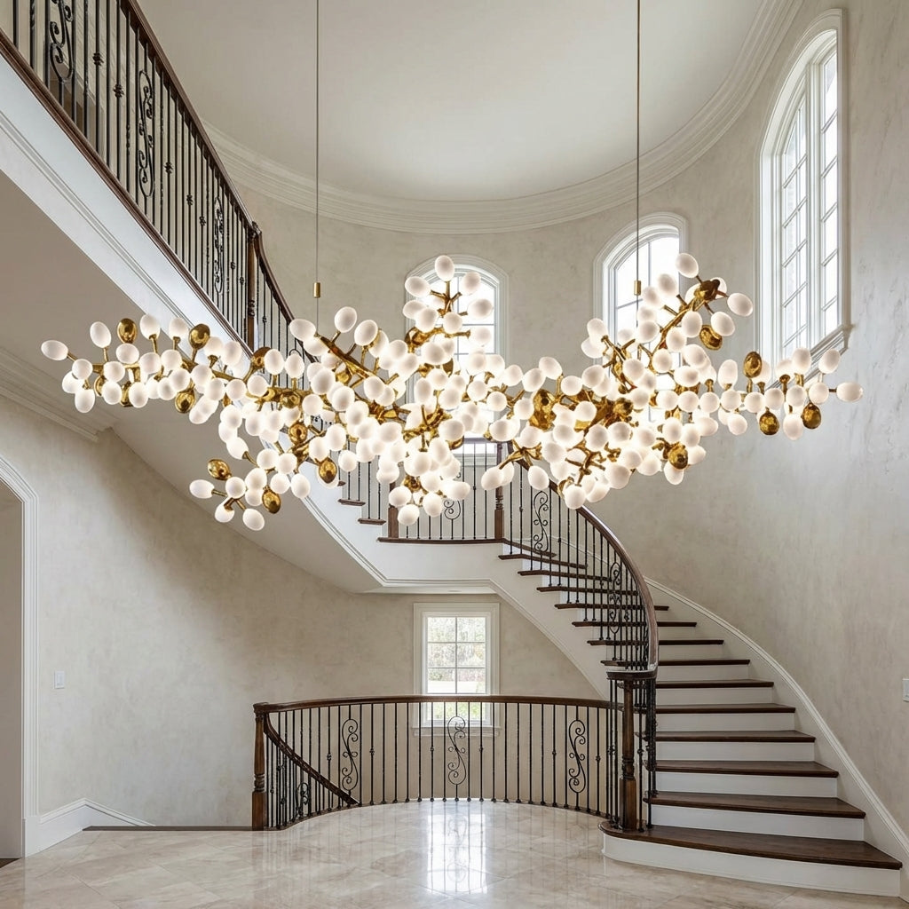 Lamer Lighting Verdant Canopy Horizontal Chandelier - dramatic American stairwell with soaring ceiling