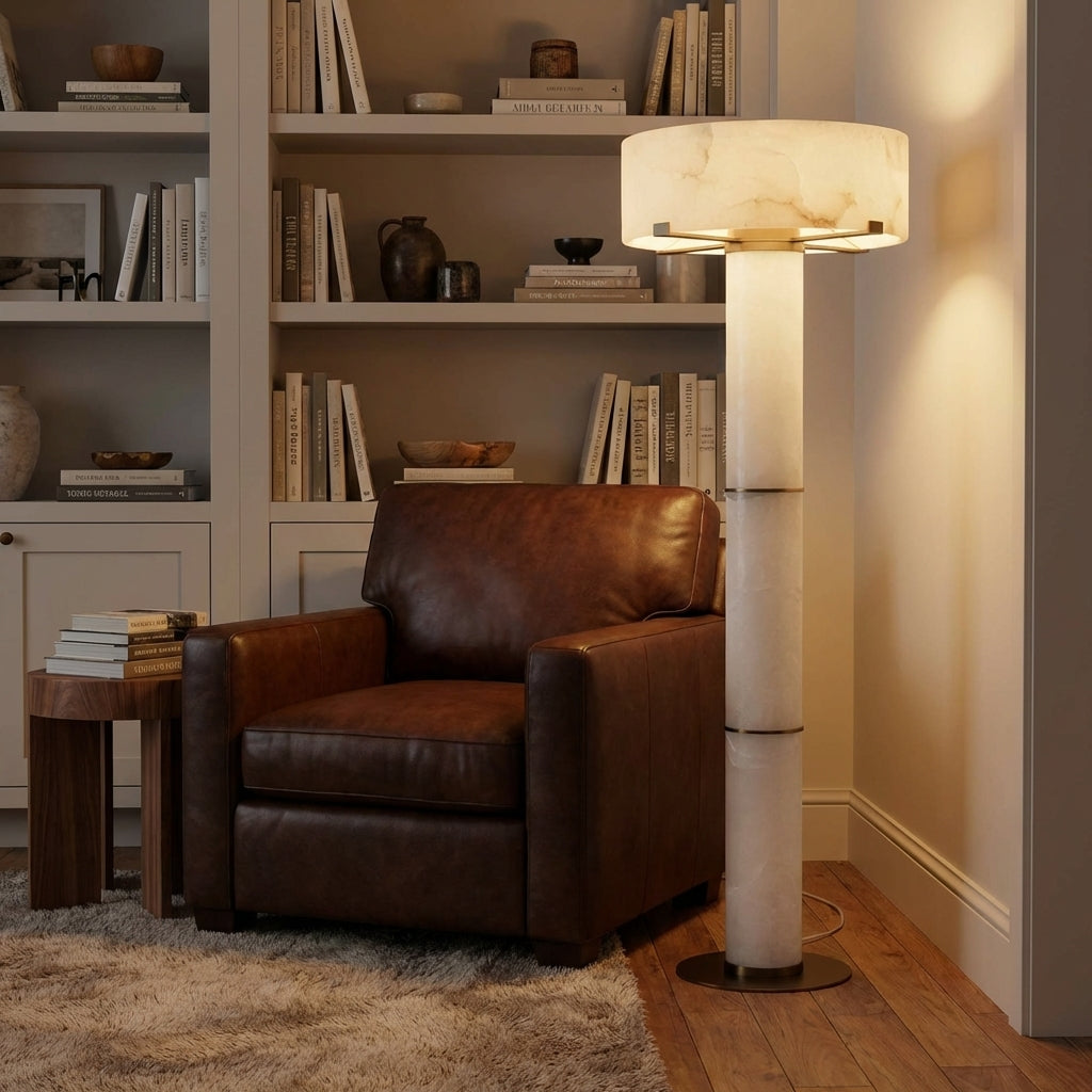 Lamer Lighting Veridian Alabaster Stone Floor Lamp 64''H - American living room reading corner