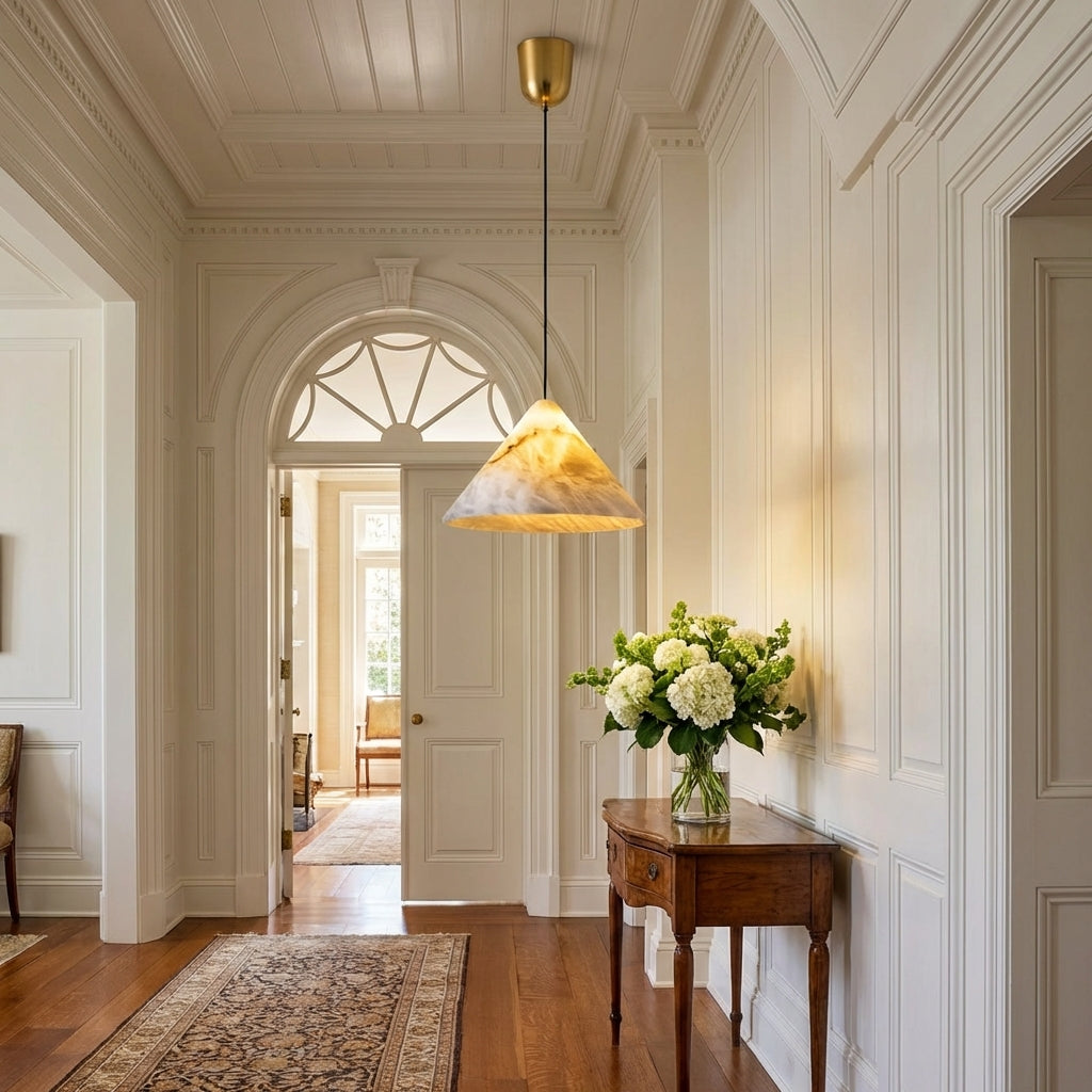Lamer Lighting Sakura Bloom Alabaster Pendant - elegant American entryway with arched doorway
